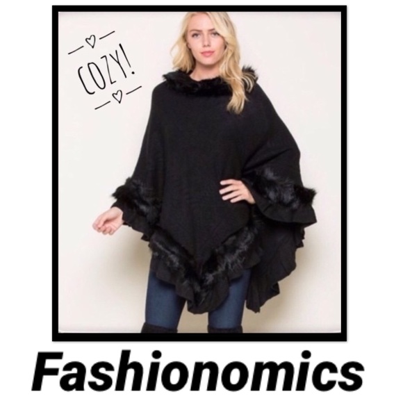 Fashionomics Sweaters - Faux Fur Trimmed Sweater Knit Poncho